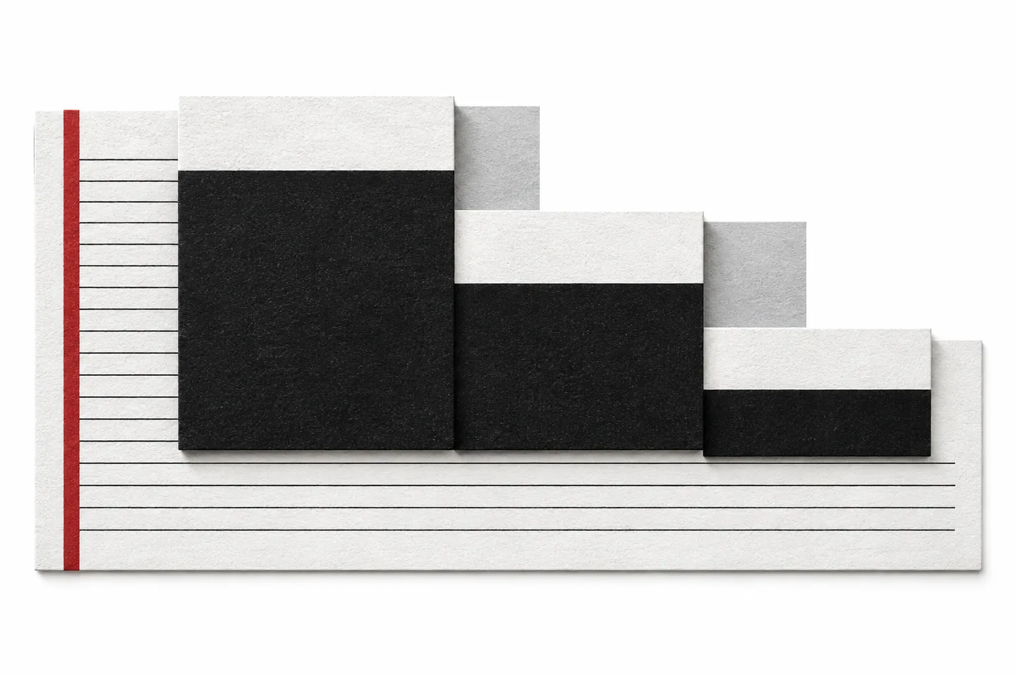 Three descending black paper blocks on a white ruled ledger with a red vertical rail, illustrating the reduction from gross to operating to net profit.