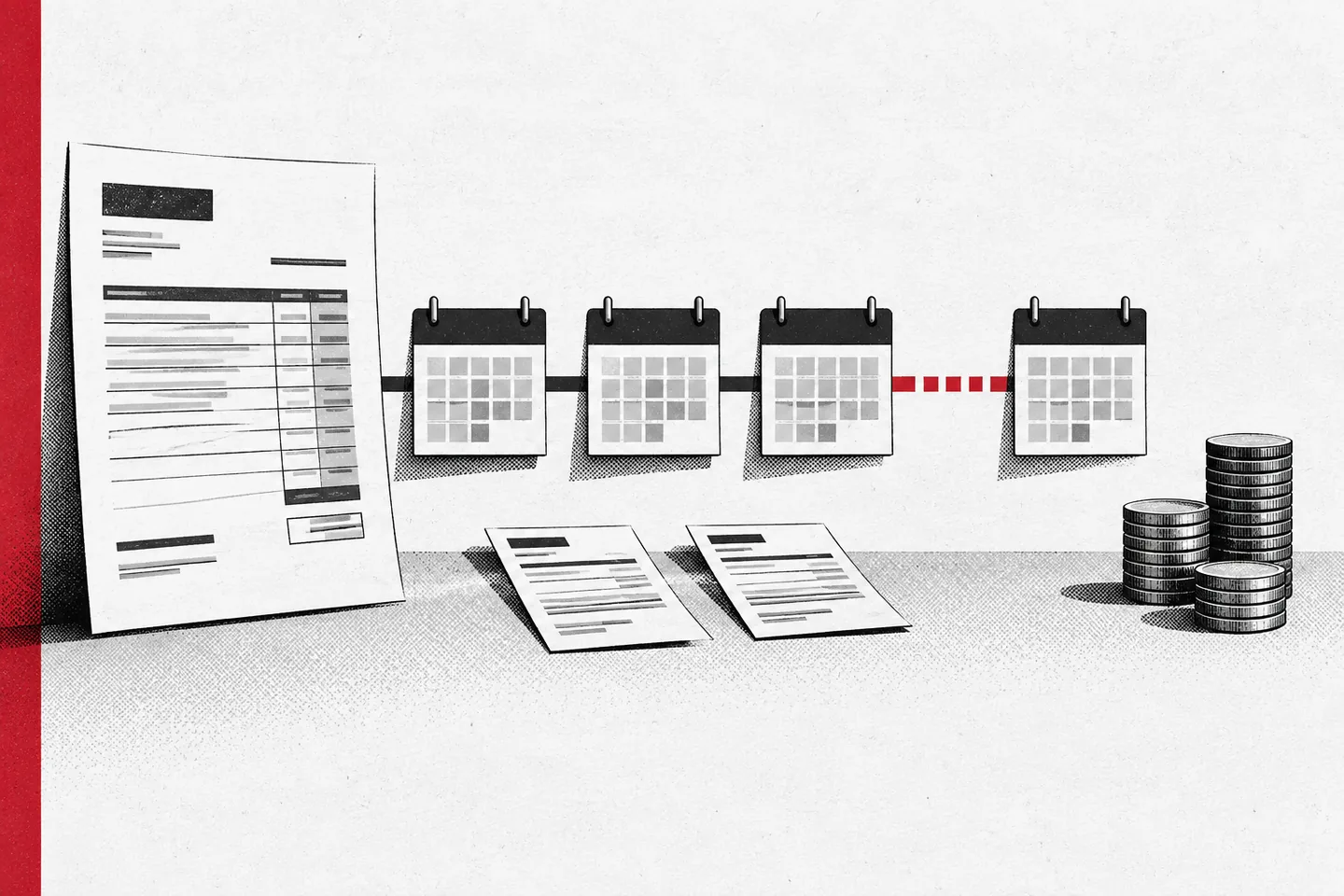 Black-and-white illustration of an invoice, bills and four calendars, with a red timing gap before coin stacks representing delayed cash receipts.